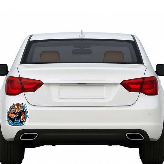 Smeeps Fierce Tiger Sticker – 13.97 x 13.21 cm Car & Bike Vinyl Decal | Powerful Attack Pose with Blue Water Splash | Waterproof & Durable