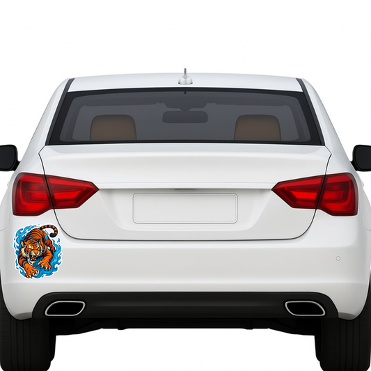 Smeeps Attacking Tiger Sticker – 13.97 x 12.20 cm Car & Bike Vinyl Decal | Fierce Jungle Beast Design with Blue Wave Effect | Waterproof & Durable