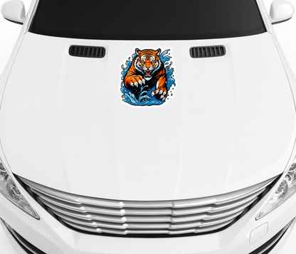 Smeeps Fierce Tiger Sticker – 13.97 x 13.21 cm Car & Bike Vinyl Decal | Powerful Attack Pose with Blue Water Splash | Waterproof & Durable