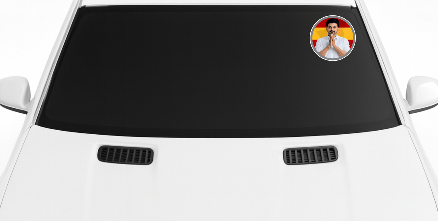 Smeeps TVK Leader Greetings Sticker – 11.43 x 11.43 cm Round Vinyl Decal | Greeting Pose with Red–Yellow Background | Waterproof & Durable