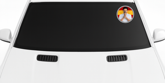 Smeeps TVK Leader Greetings Sticker – 11.43 x 11.43 cm Round Vinyl Decal | Greeting Pose with Red–Yellow Background | Waterproof & Durable