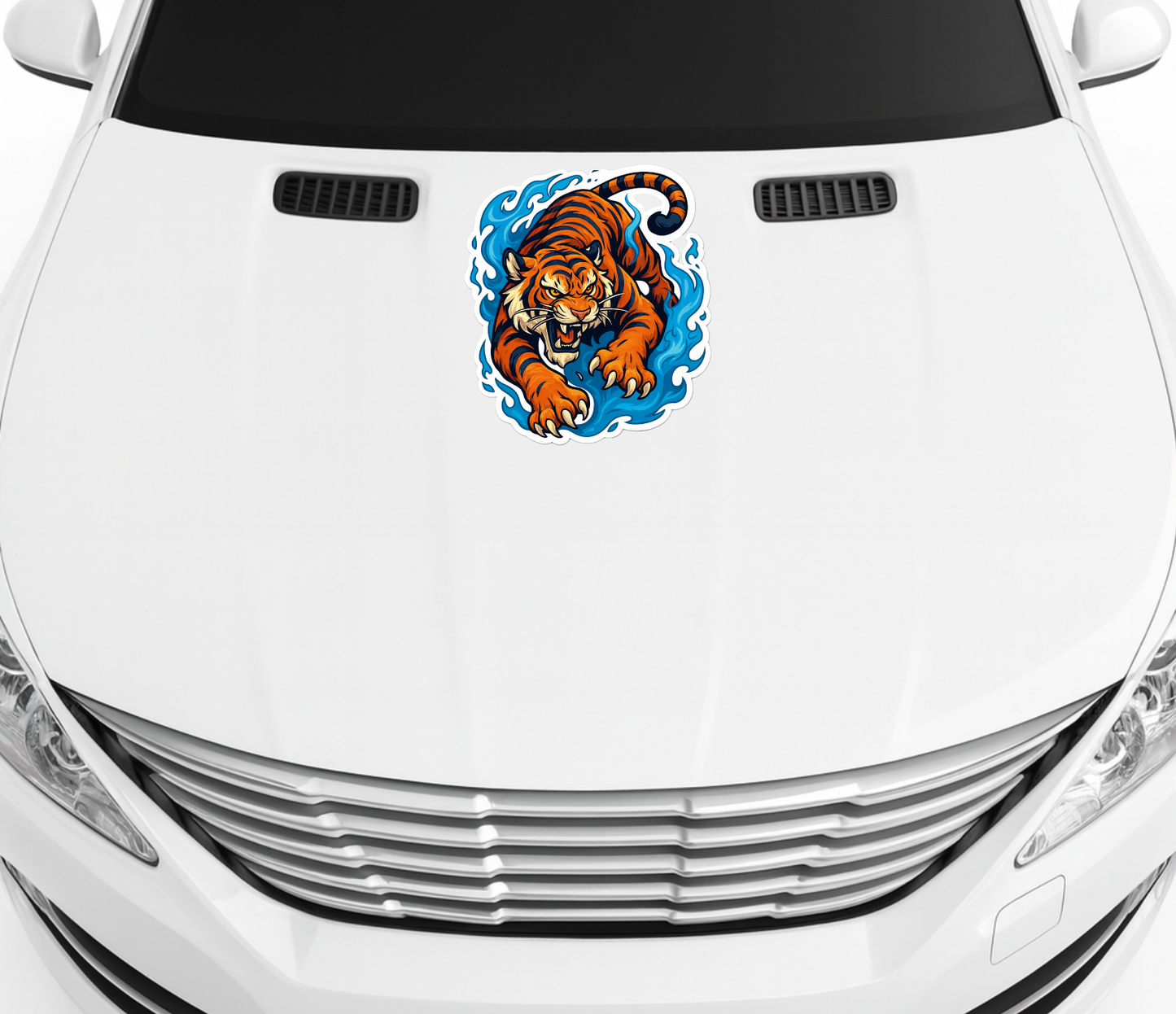 Smeeps Attacking Tiger Sticker – 13.97 x 12.20 cm Car & Bike Vinyl Decal | Fierce Jungle Beast Design with Blue Wave Effect | Waterproof & Durable