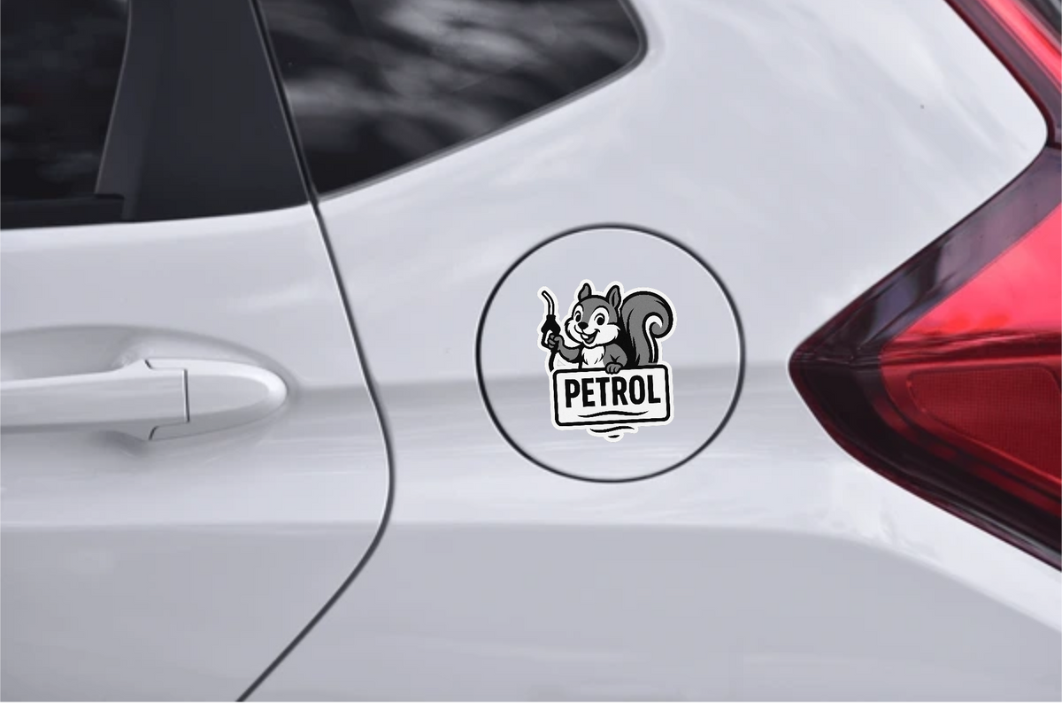 Smeeps Petrol Squirrel Sticker – 10.16 x 9.2 cm Car & Bike Vinyl Decal | Cute Fuel Icon Label | Waterproof & Durable Design