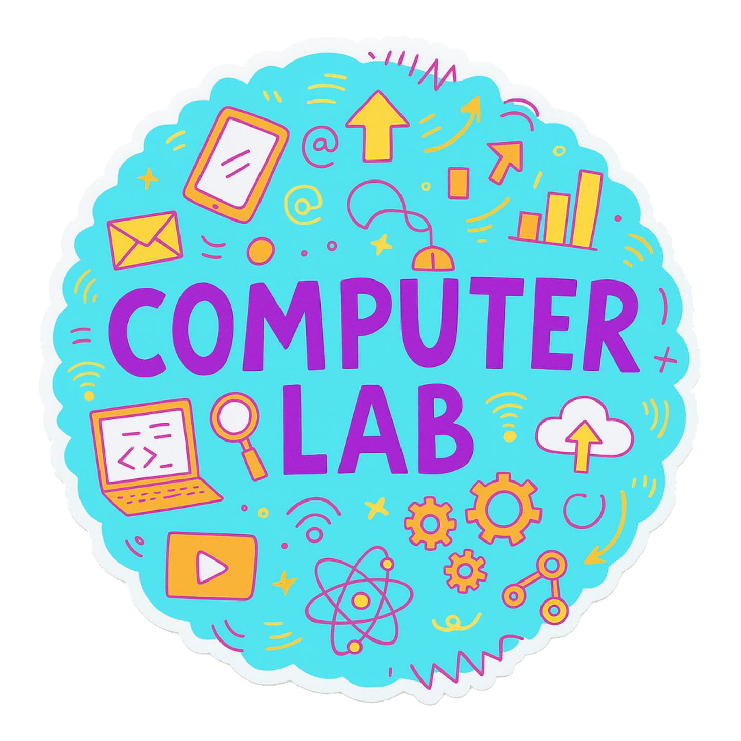 Smeeps Computer Lab Sticker – 11.43 cm Round Digital Learning Theme | Bright Blue Coding & Tech Illustrations | Waterproof & UV-Resistant Vinyl