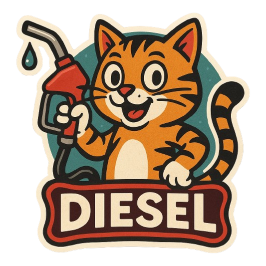 Smeeps Diesel Fuel Sticker – 10 x 10 cm Cute Orange Cat Holding Pump | Retro Style Car Fuel Reminder | Waterproof & Weatherproof Vinyl