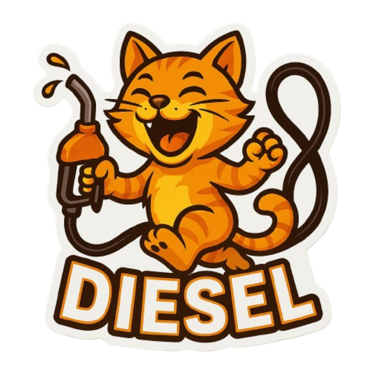 Smeeps Laughing Diesel Cat Sticker – 8.7 x 7.8 cm Fun Fuel-Themed Car Decal with Playful Orange Cat & Nozzle Design | Waterproof Vinyl for Cars Only