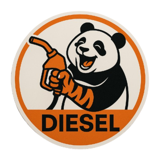 Smeeps Laughing Diesel Panda Sticker – 7.62 x 7.62 cm Round Fuel-Themed Car Decal with Smiling Cartoon Panda & Nozzle Design | Waterproof Vinyl for Cars Only