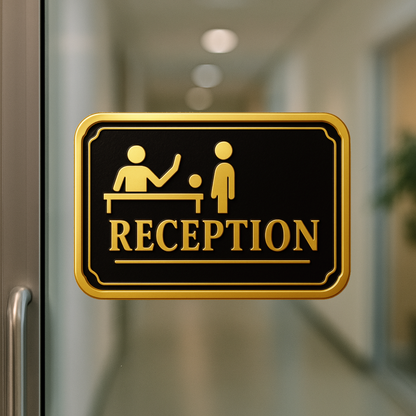 Smeeps Reception Sign Sticker – 14.74 x 10.16 cm Door & Wall Vinyl Decal | Premium Gold & Black Design | Waterproof & Durable Office Label