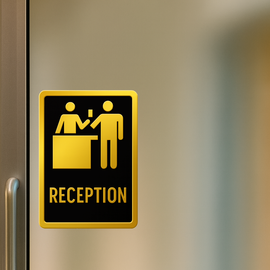 Smeeps Reception Sign Sticker – 13.97 x 10.16 cm Office Vinyl Label | Gold & Black Premium Design | Waterproof & Durable
