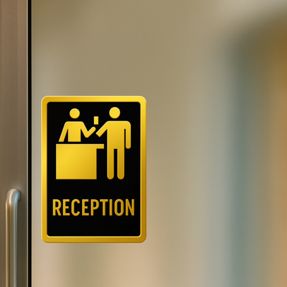 Smeeps Reception Sign Sticker – 13.97 x 10.16 cm Office Vinyl Label | Gold & Black Premium Design | Waterproof & Durable