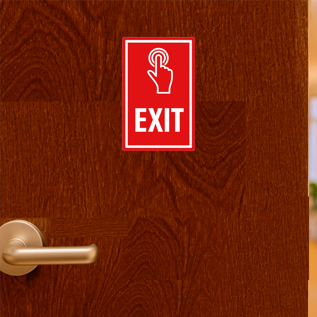 Smeeps Exit Sign Sticker – 19.82 x 12.7 cm Red Safety Vinyl Decal | Push Button Exit Indicator | Waterproof & Durable Warning Sign