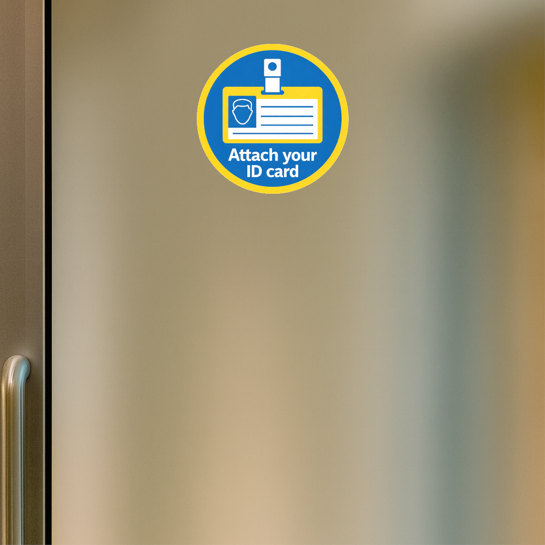 Smeeps Attach Your ID Card Safety Sticker – 10.16 cm (4 Inch) Round Workplace Instruction Vinyl Decal | Waterproof UV Resistant Wash Proof Durable