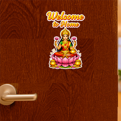 Smeeps Welcome to Home Goddess Lakshmi Door & Wall Sticker – 13.97 × 9.14 cm (5.5 × 3.6 Inch) Auspicious Religious Vinyl Decal for Home Entrance | Waterproof UV Resistant Wall Sticker