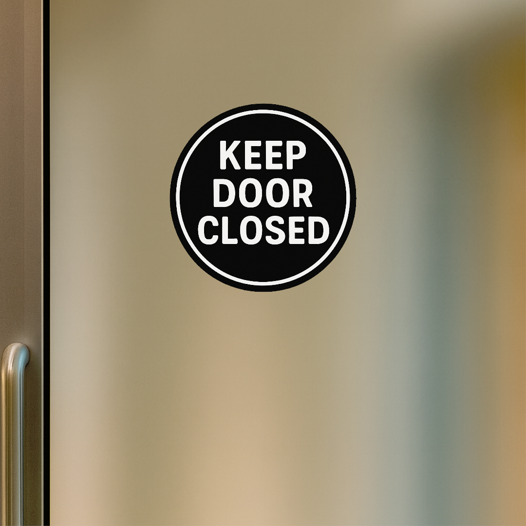 Smeeps Keep Door Closed Sticker – 11.43 x 11.43 cm Round Safety Vinyl Decal | High-Visibility Black & White Warning Label | Waterproof & Durable