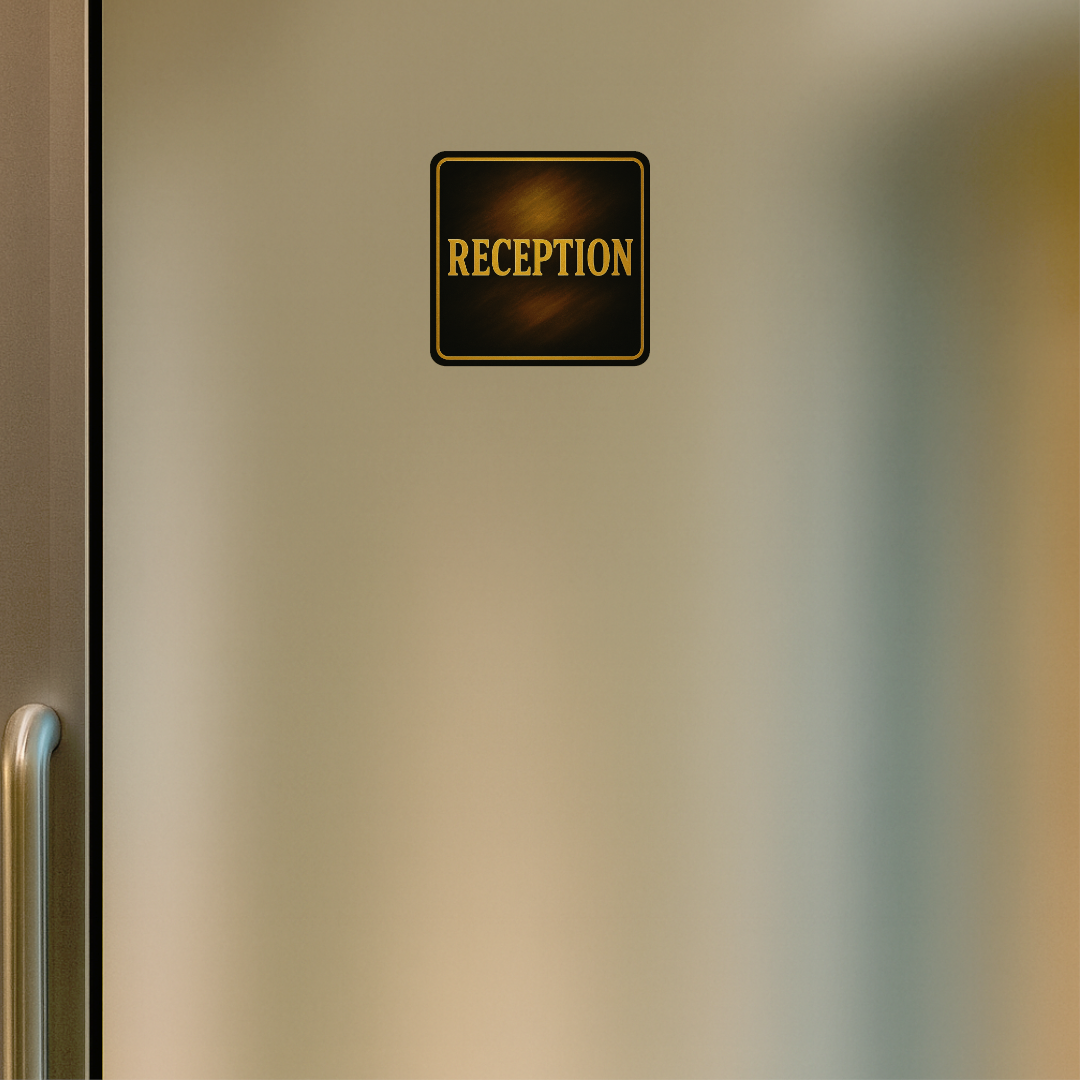 Smeeps Reception Sticker – 15.50 x 15.24 cm Square Vinyl Office Sign | Classic Gold Lettering on Black | Waterproof & Durable Door Label