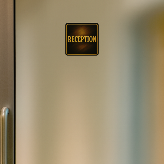 Smeeps Reception Sticker – 15.50 x 15.24 cm Square Vinyl Office Sign | Classic Gold Lettering on Black | Waterproof & Durable Door Label