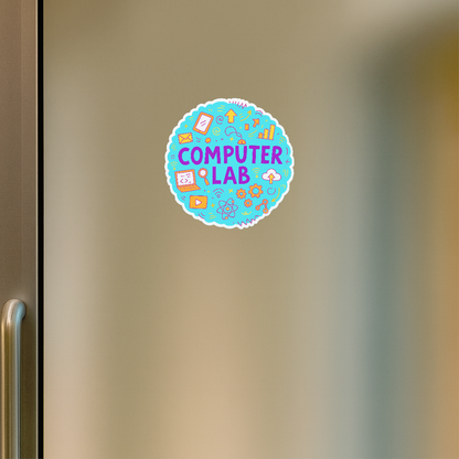 Smeeps Computer Lab Sticker – 11.43 cm Round Digital Learning Theme | Bright Blue Coding & Tech Illustrations | Waterproof & UV-Resistant Vinyl