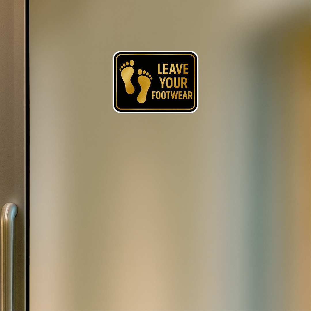 Smeeps Leave Your Footwear Sticker – 20.83 x 15.24 cm Gold & Black Sign | Waterproof Premium Vinyl | Ideal for Homes, Offices & Temples