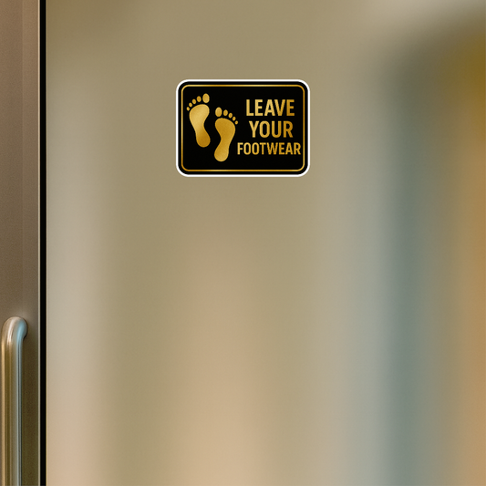 Smeeps Leave Your Footwear Sticker – 20.83 x 15.24 cm Gold & Black Sign | Waterproof Premium Vinyl | Ideal for Homes, Offices & Temples