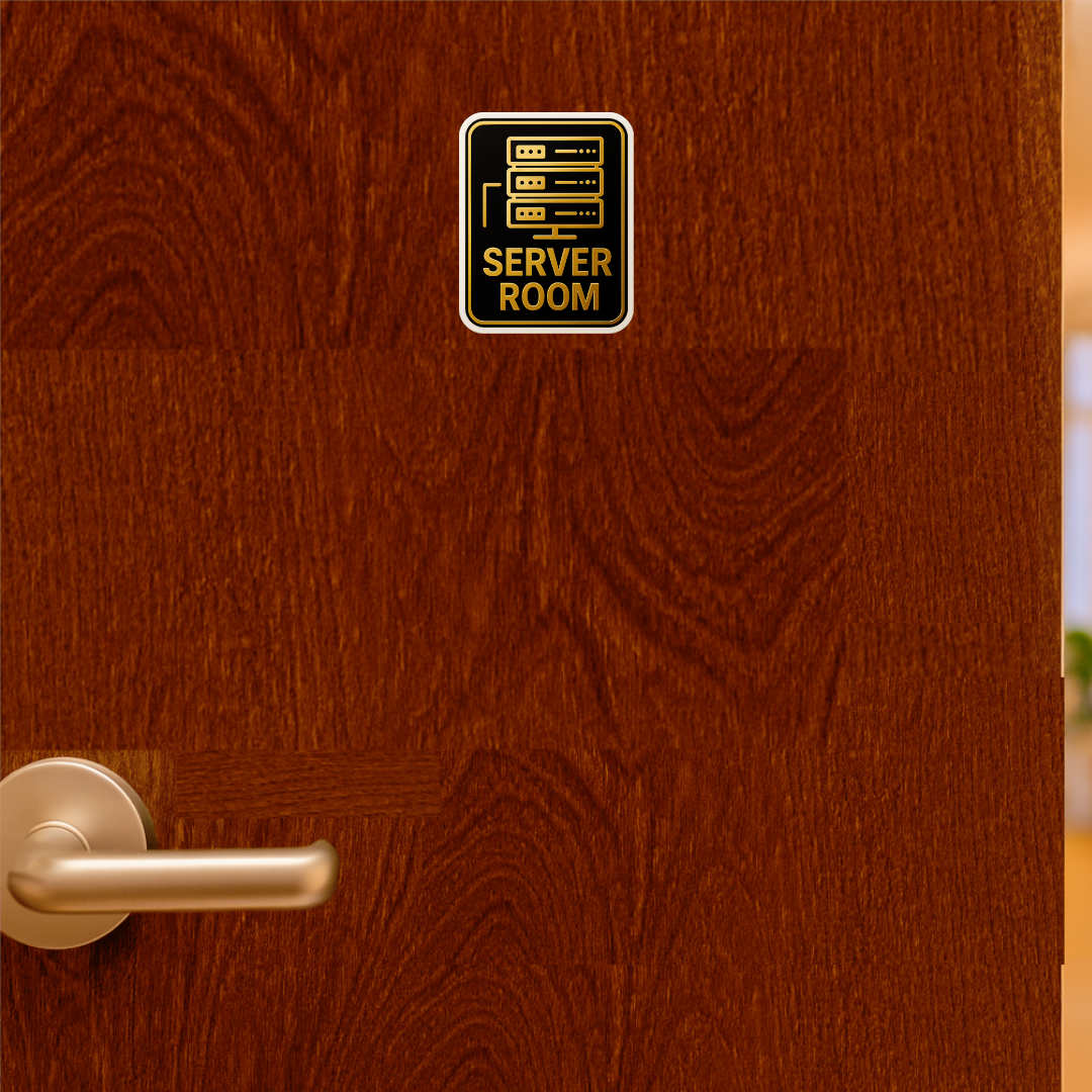 Smeeps Server Room Sticker – 11.94 x 15.24 cm Gold & Black Sign | Waterproof, Durable Vinyl for IT Offices, Data Centers & Network Rooms