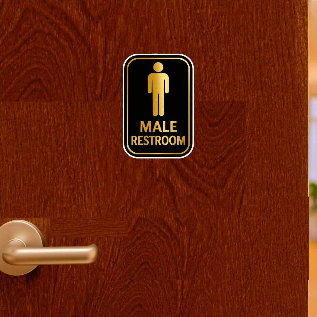 Smeeps Male Restroom Sticker – 10.16 x 15.24 cm Gold & Black Door Sign | Waterproof, Durable & Easy Peel Application