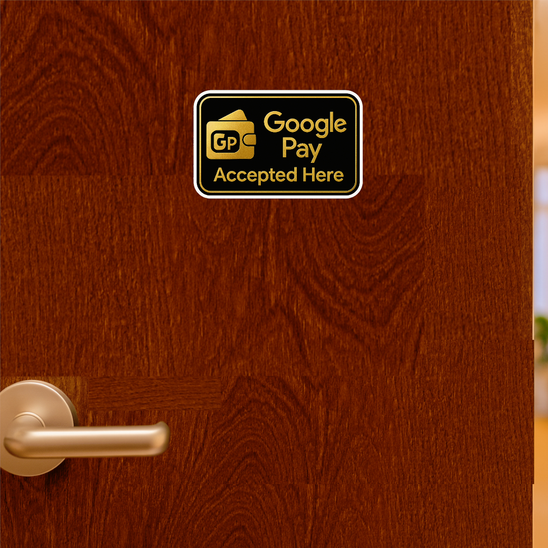 Smeeps Google Pay Accepted Here Sticker – 23.63 x 15.24 cm Premium Gold & Black Vinyl Sign | Waterproof, Durable & Ideal for Shops & Offices