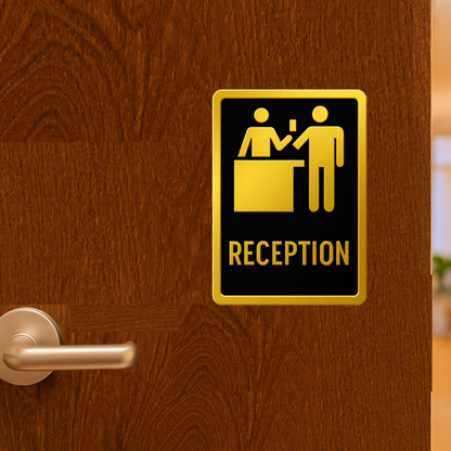 Smeeps Reception Sign Sticker – 13.97 x 10.16 cm Office Vinyl Label | Gold & Black Premium Design | Waterproof & Durable