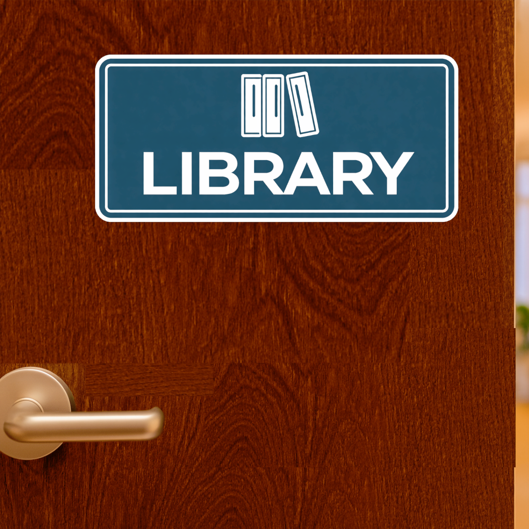 Smeeps Library Sign Sticker – 16.51 × 7.62 cm (6.5 × 3 Inch) Premium Vinyl Decal | Minimal Blue Library Board Design | Waterproof UV Resistant Wash Proof | Pack of 1