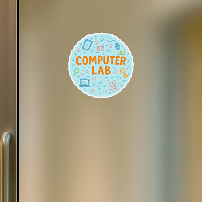Smeeps Computer Lab Sticker – 11.43 cm Round Tech Theme Label | Colorful Coding & Digital Elements | Waterproof & UV-Resistant Vinyl