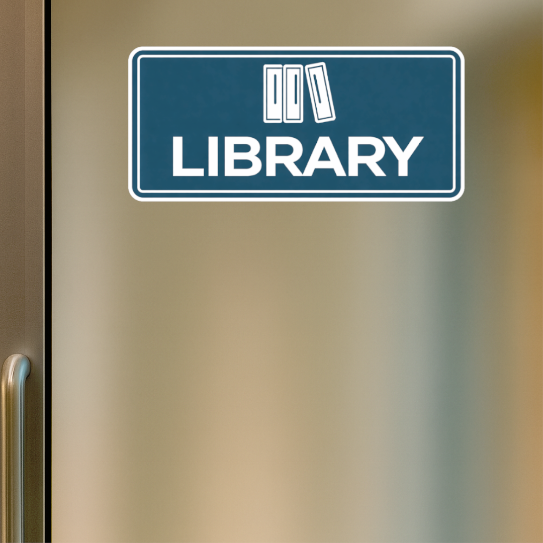 Smeeps Library Sign Sticker – 16.51 × 7.62 cm (6.5 × 3 Inch) Premium Vinyl Decal | Minimal Blue Library Board Design | Waterproof UV Resistant Wash Proof | Pack of 1