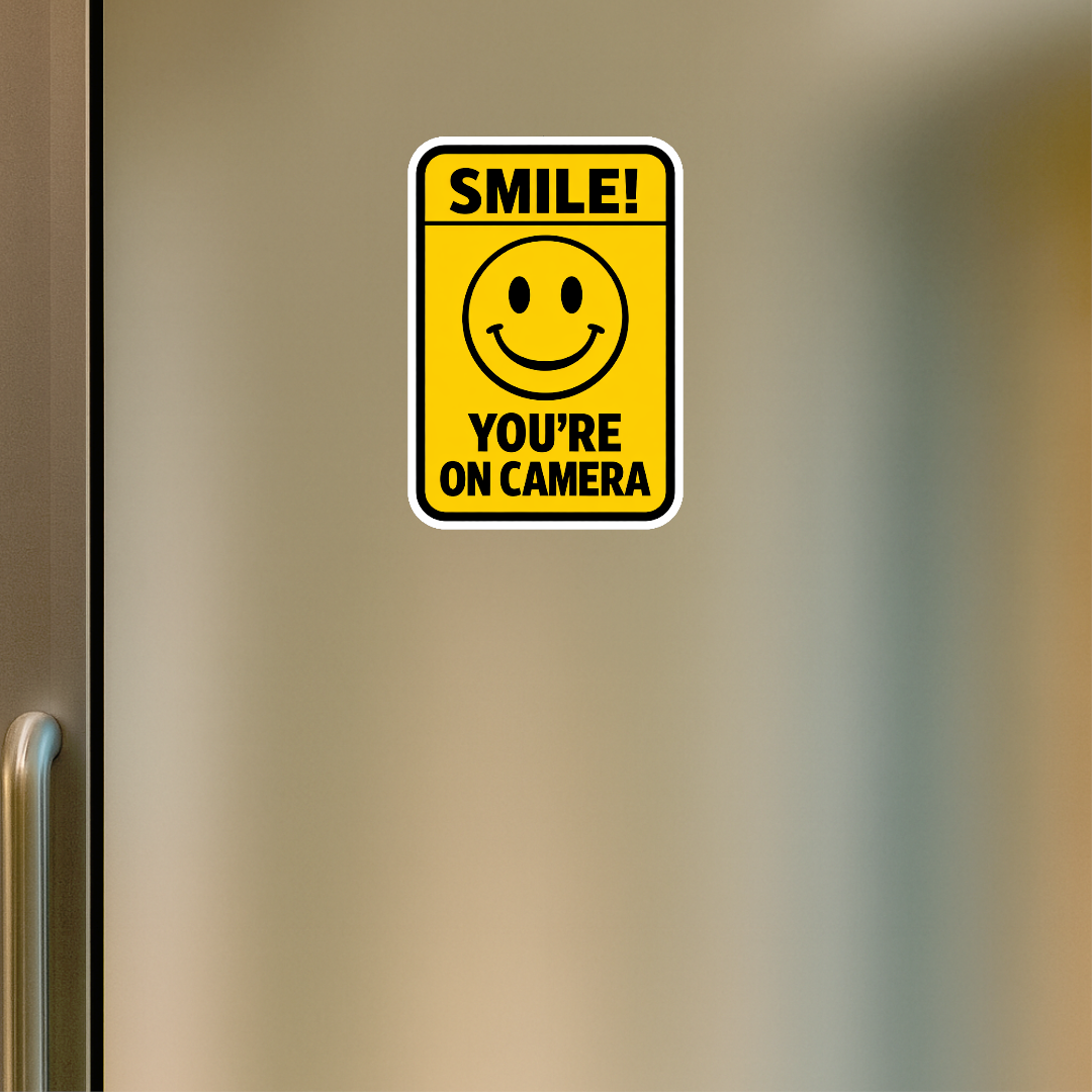 Smeeps Smile You’re On Camera Sticker – 20.32 × 14.23 cm (8 × 5.6 Inch) Waterproof Vinyl CCTV Warning Sign | Security Camera Notice Decal | UV Resistant Washproof Office Door Sticker | Pack of 1