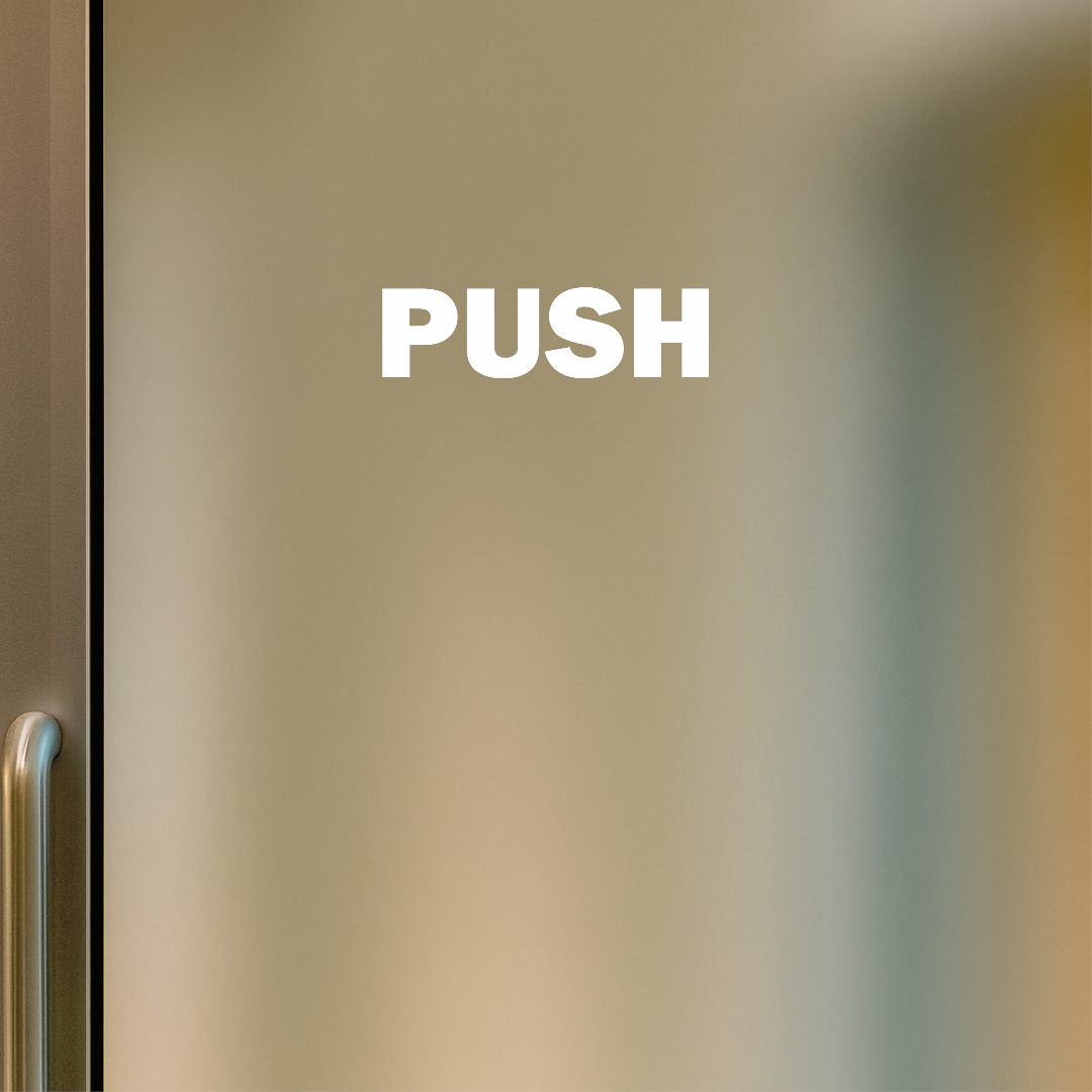 Smeeps PUSH Door Sticker – 7.3 x 2 cm White Text Vinyl Label | Waterproof, Wash-Proof & Durable Door Instruction Signage