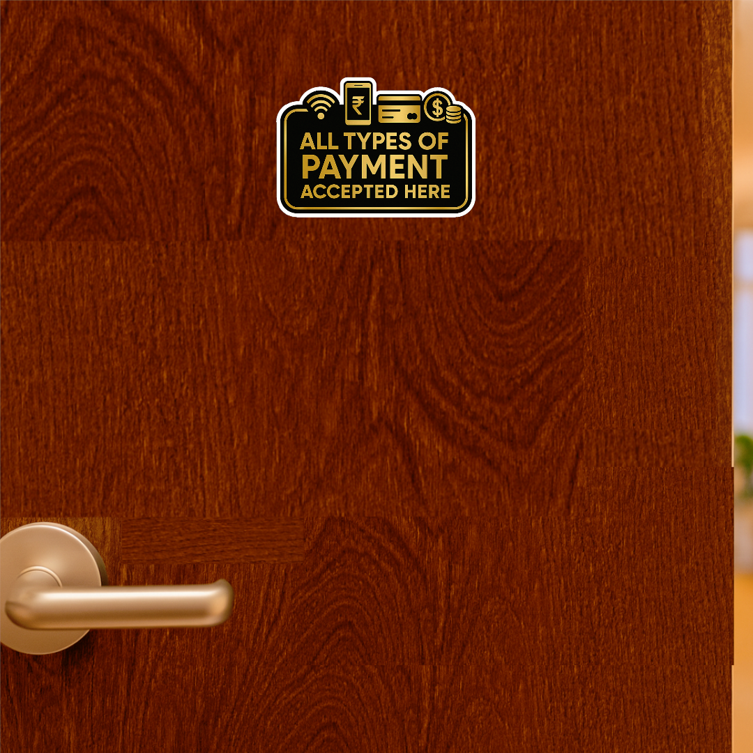 Smeeps All Types of Payment Accepted Sticker – 21.34 x 15.24 cm Gold & Black Payment Sign | Waterproof, Durable & High-Visibility Vinyl