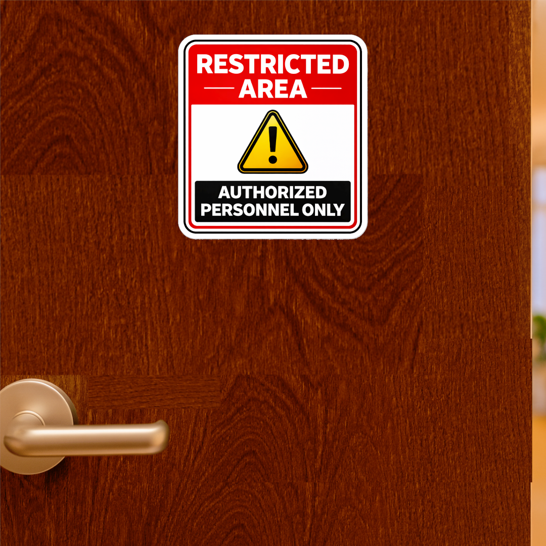 Smeeps Restricted Area Warning Sticker – 15.24 × 13.97 cm (6 × 5.5 Inch) Safety Sign Vinyl Decal for Door, Wall & Gate | Waterproof UV Resistant Industrial Sticker