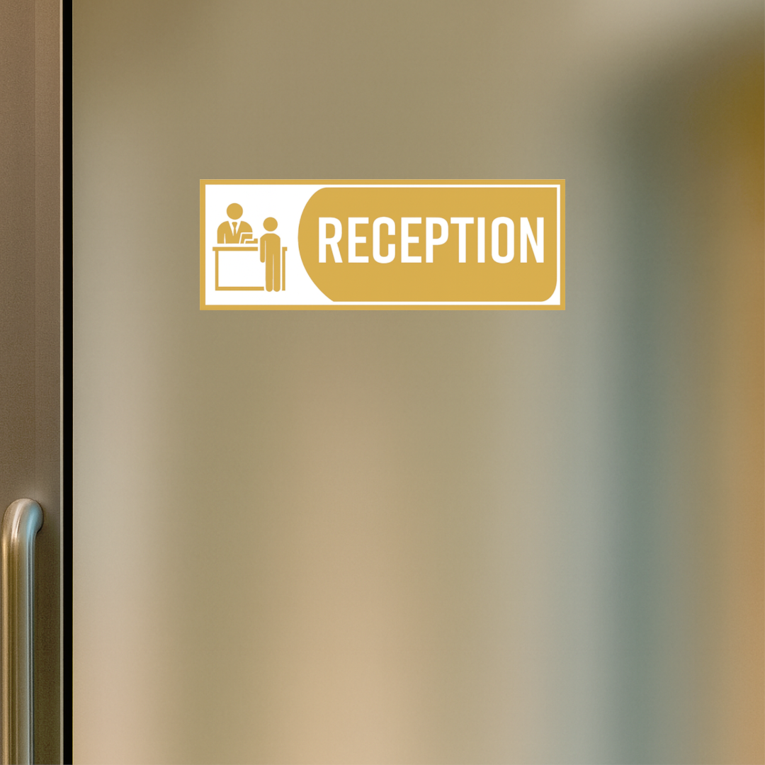 Smeeps Reception Sticker – 13.97 x 5.08 cm Office Door Vinyl Sign | Professional Gold Icon Design | Waterproof & Durable Label