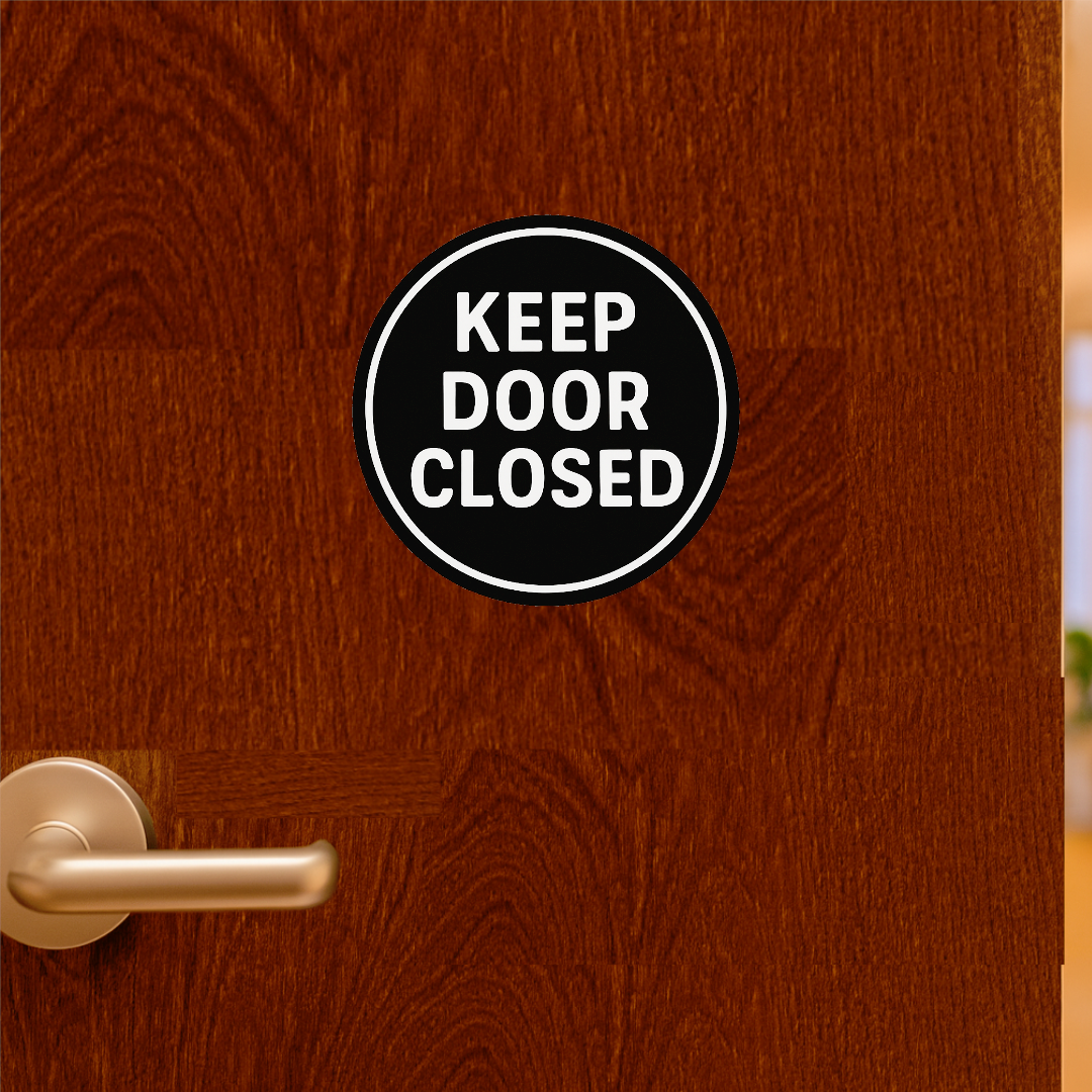 Smeeps Keep Door Closed Sticker – 11.43 x 11.43 cm Round Safety Vinyl Decal | High-Visibility Black & White Warning Label | Waterproof & Durable