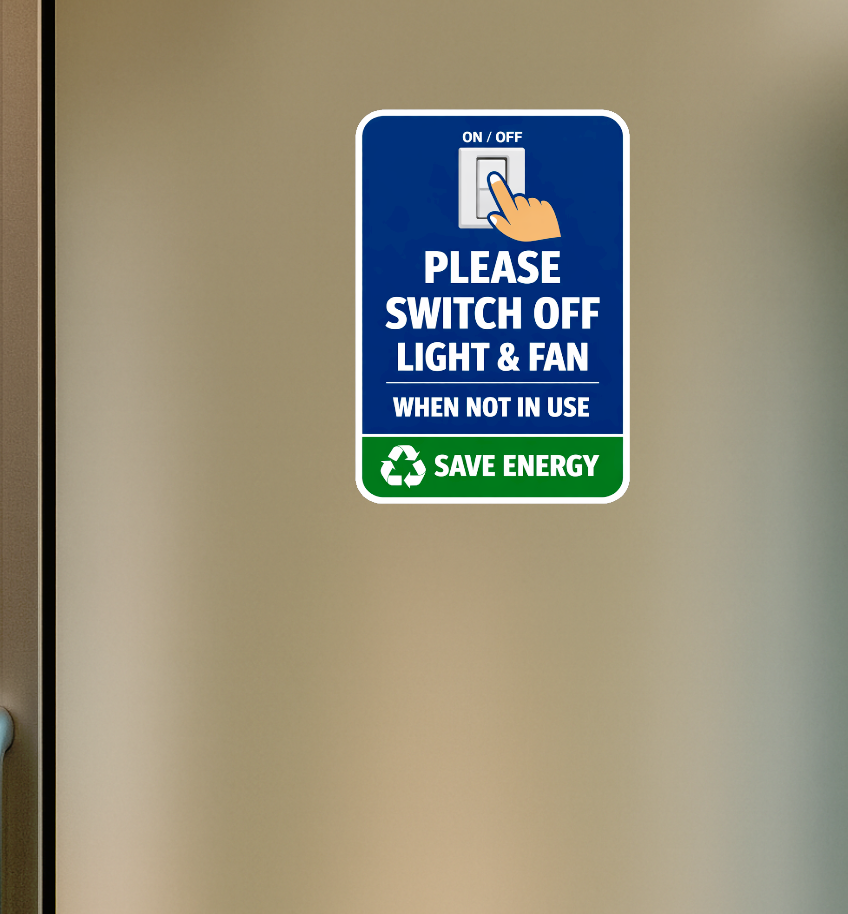 Smeeps Please Switch Off Light & Fan Sticker – 20.32 × 14 cm (8 × 5.5 Inch) Waterproof Vinyl Energy Saving Notice Sign | UV Resistant Washproof Office & Home Awareness Sticker | Pack of 1