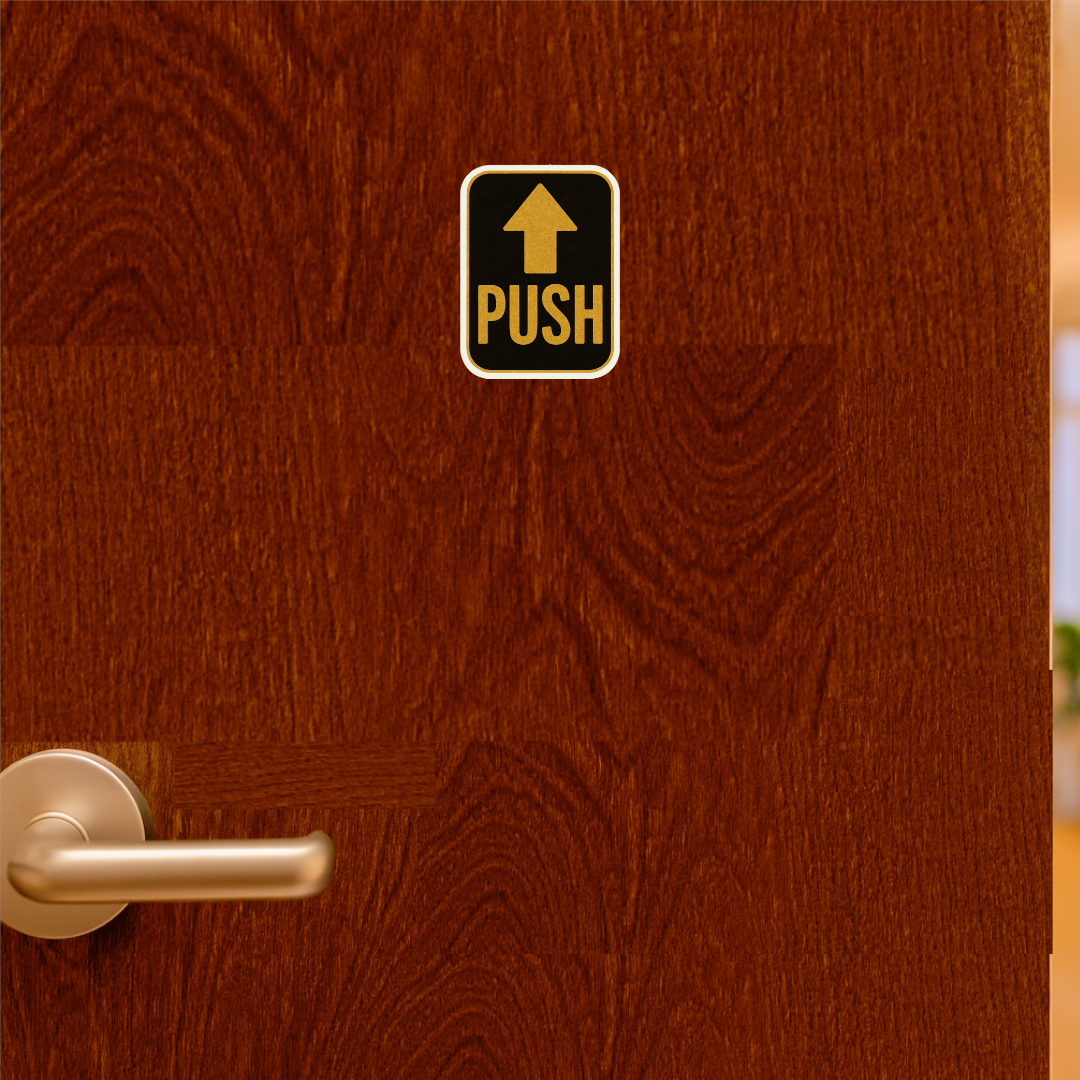 Smeeps PUSH Door Sticker – 15.24 x 11.18 cm Vinyl Sign | Gold & Black Push Indicator Label | Waterproof & Durable Door Instruction Sticker