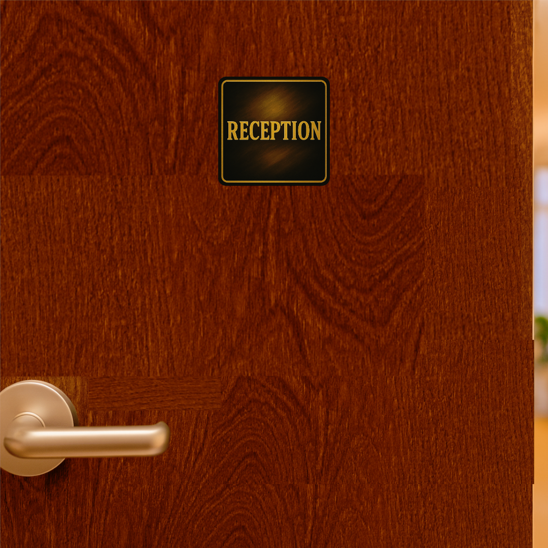 Smeeps Reception Sticker – 15.50 x 15.24 cm Square Vinyl Office Sign | Classic Gold Lettering on Black | Waterproof & Durable Door Label