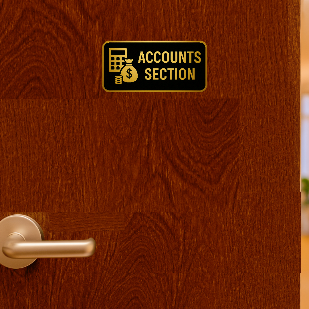 Smeeps Accounts Section Door Sticker – 30.74 x 15.24 cm Office Label Sign | Gold & Black Premium Vinyl | Waterproof & Durable
