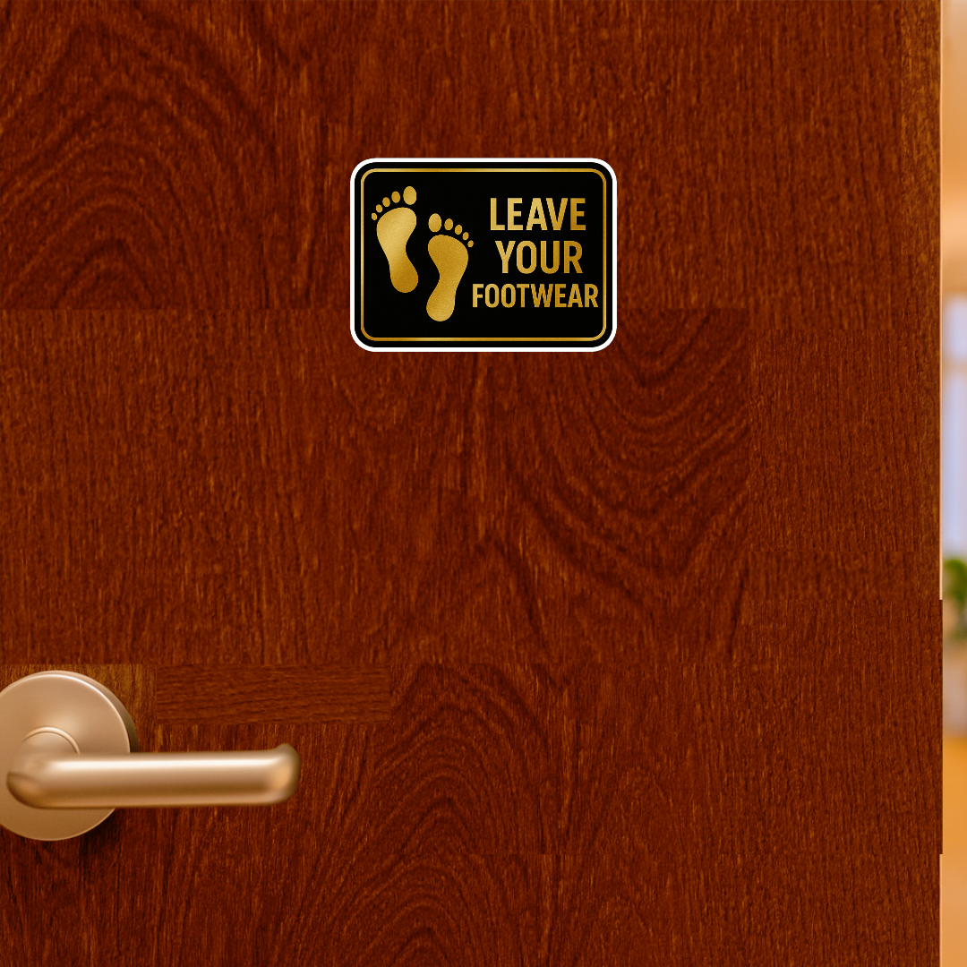 Smeeps Leave Your Footwear Sticker – 20.83 x 15.24 cm Gold & Black Sign | Waterproof Premium Vinyl | Ideal for Homes, Offices & Temples