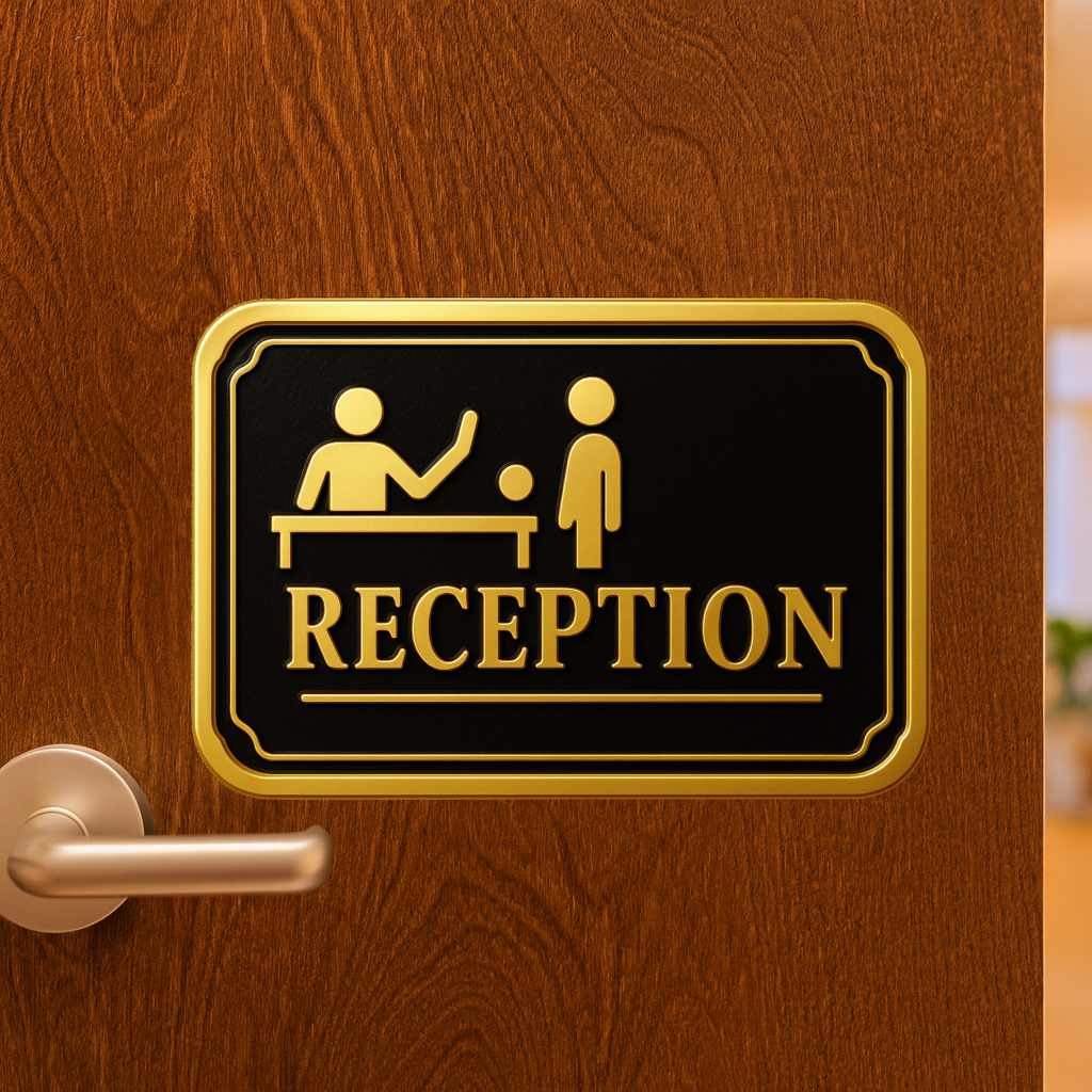 Smeeps Reception Sign Sticker – 14.74 x 10.16 cm Door & Wall Vinyl Decal | Premium Gold & Black Design | Waterproof & Durable Office Label