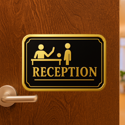 Smeeps Reception Sign Sticker – 14.74 x 10.16 cm Door & Wall Vinyl Decal | Premium Gold & Black Design | Waterproof & Durable Office Label