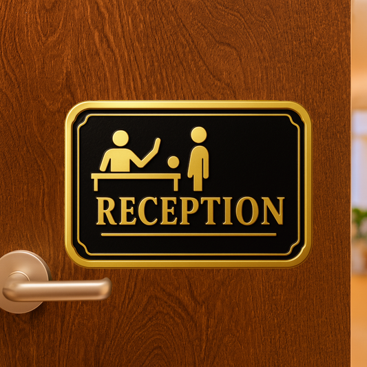 Smeeps Reception Sign Sticker – 14.74 x 10.16 cm Door & Wall Vinyl Decal | Premium Gold & Black Design | Waterproof & Durable Office Label