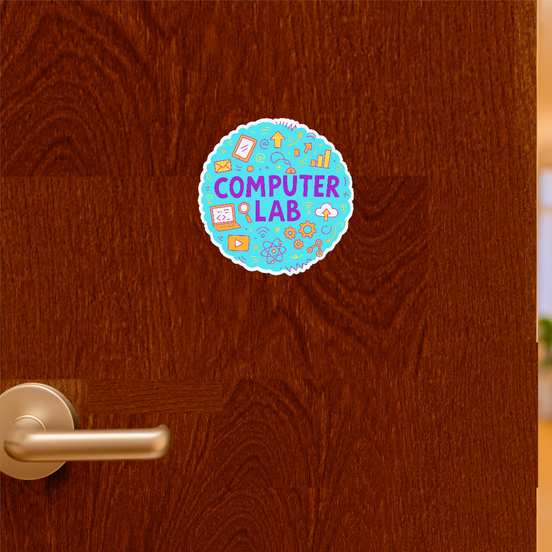 Smeeps Computer Lab Sticker – 11.43 cm Round Digital Learning Theme | Bright Blue Coding & Tech Illustrations | Waterproof & UV-Resistant Vinyl