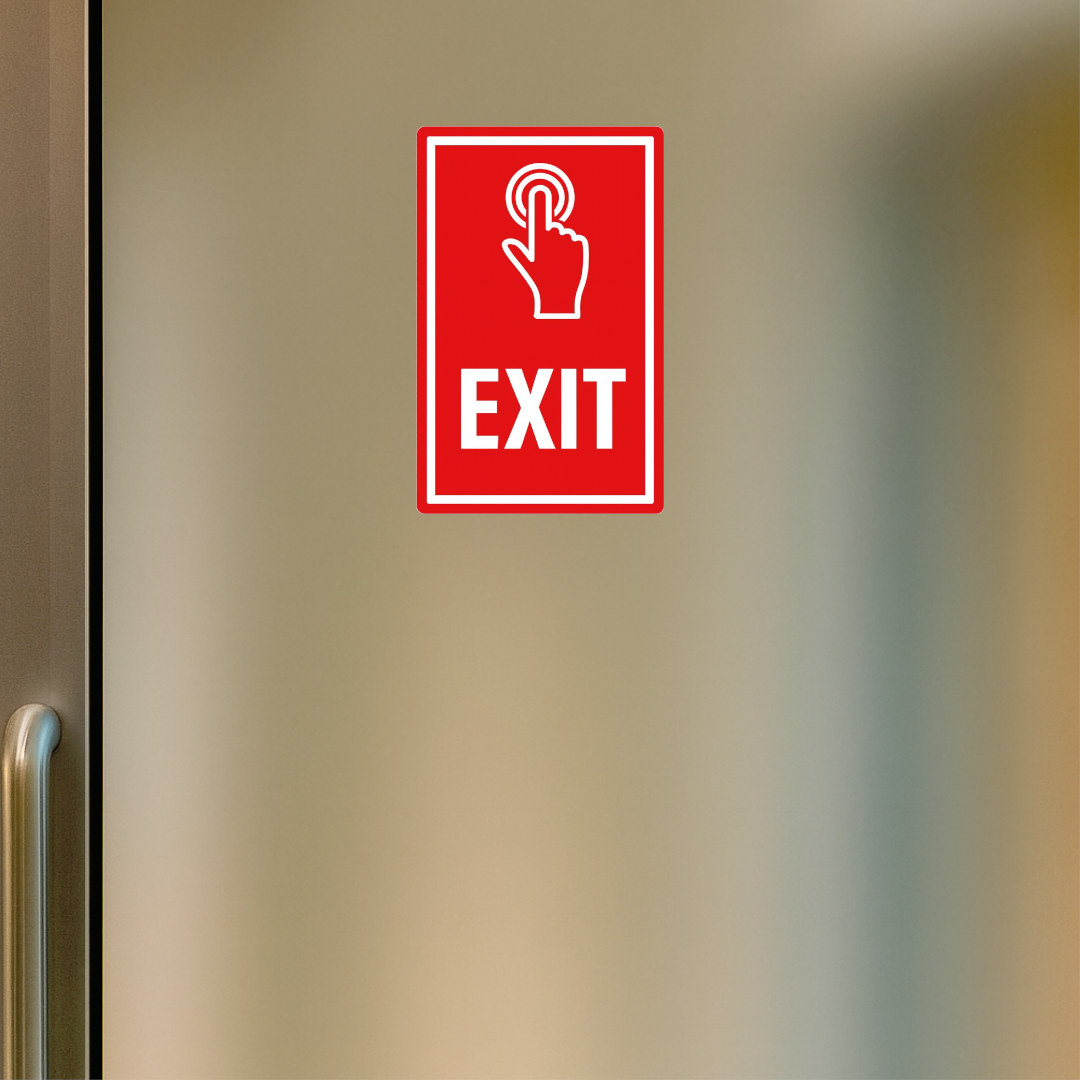 Smeeps Exit Sign Sticker – 19.82 x 12.7 cm Red Safety Vinyl Decal | Push Button Exit Indicator | Waterproof & Durable Warning Sign