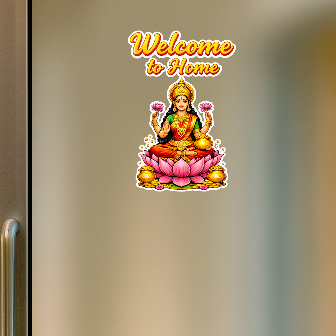 Smeeps Welcome to Home Goddess Lakshmi Door & Wall Sticker – 13.97 × 9.14 cm (5.5 × 3.6 Inch) Auspicious Religious Vinyl Decal for Home Entrance | Waterproof UV Resistant Wall Sticker