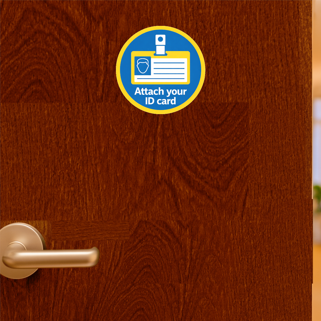 Smeeps Attach Your ID Card Safety Sticker – 10.16 cm (4 Inch) Round Workplace Instruction Vinyl Decal | Waterproof UV Resistant Wash Proof Durable