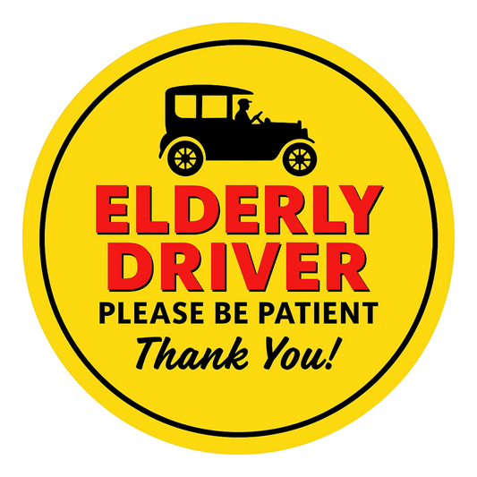 Pack of 2 | Smeeps Elderly Driver Please Be Patient Sticker – 15.24 cm Round | Bold Vintage Car Design | Yellow, Red & Black Safety Sign
