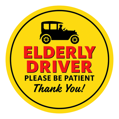 Smeeps Elderly Driver Please Be Patient Sticker – 15.24 cm Round | Bold Vintage Car Design | Yellow, Red & Black Safety Sign